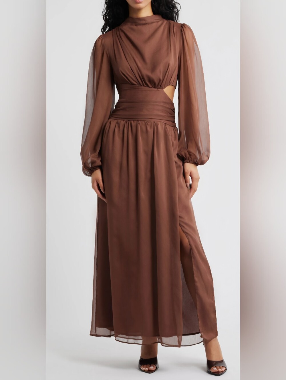 Petal & Pup Chocolate Brown Sheer-Sleeve Maxi Dress